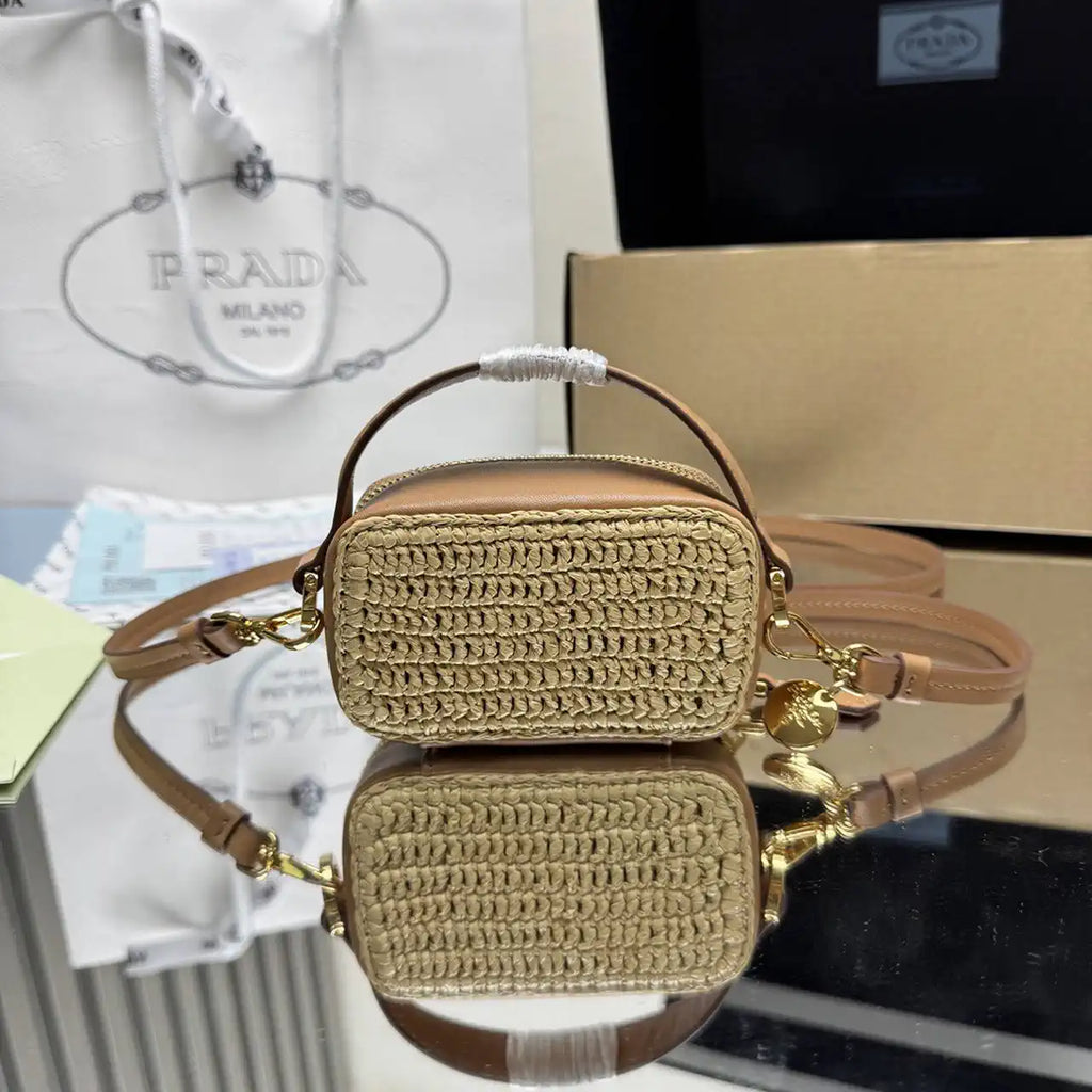 Prada 1NR025 Crochet and leather mini-pouch Natural