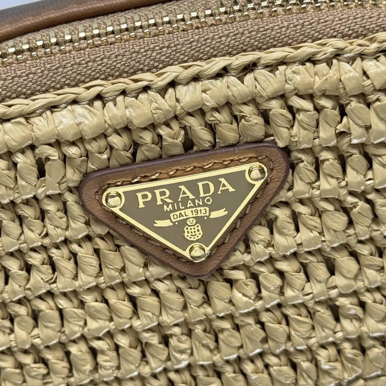 Prada 1NR025 Crochet and leather mini-pouch Natural