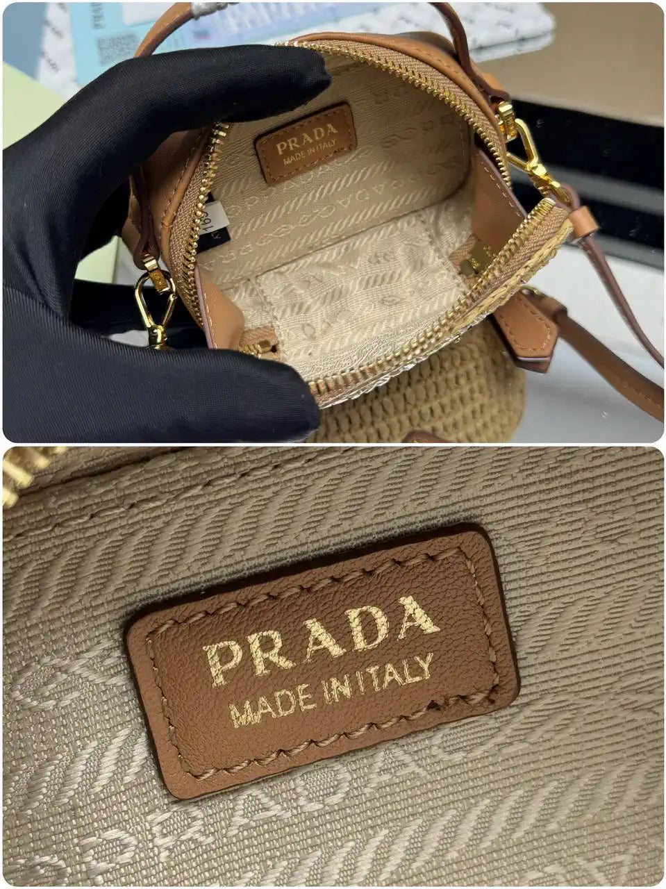 Prada 1NR025 Crochet and leather mini-pouch Natural