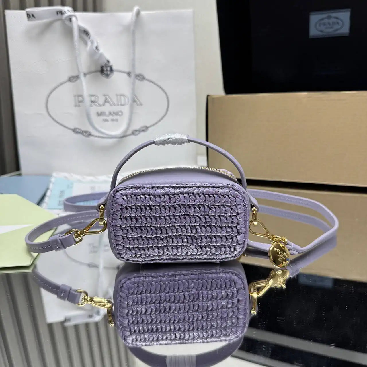 Prada 1NR025 Crochet and leather mini-pouch Purple