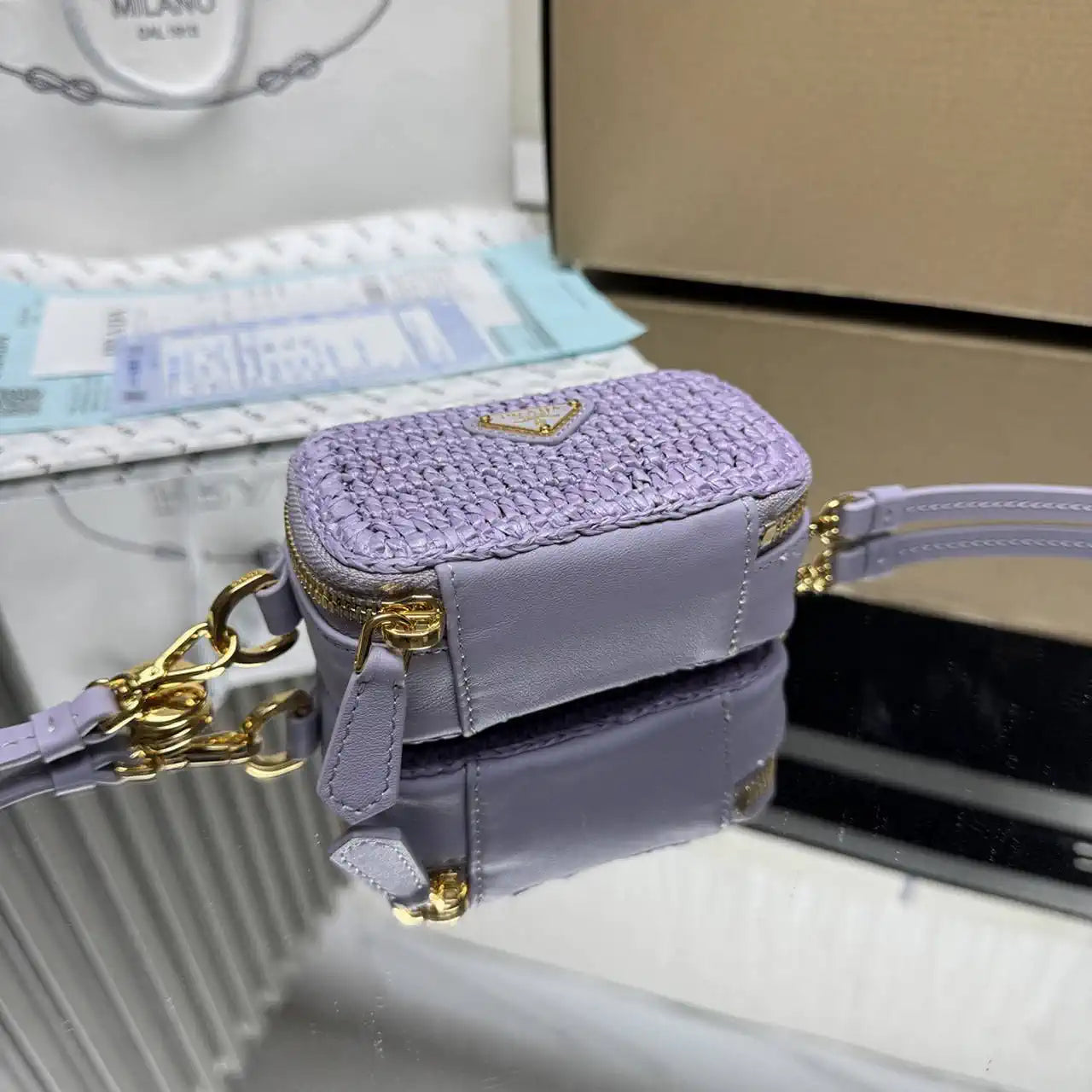 Prada 1NR025 Crochet and leather mini-pouch Purple