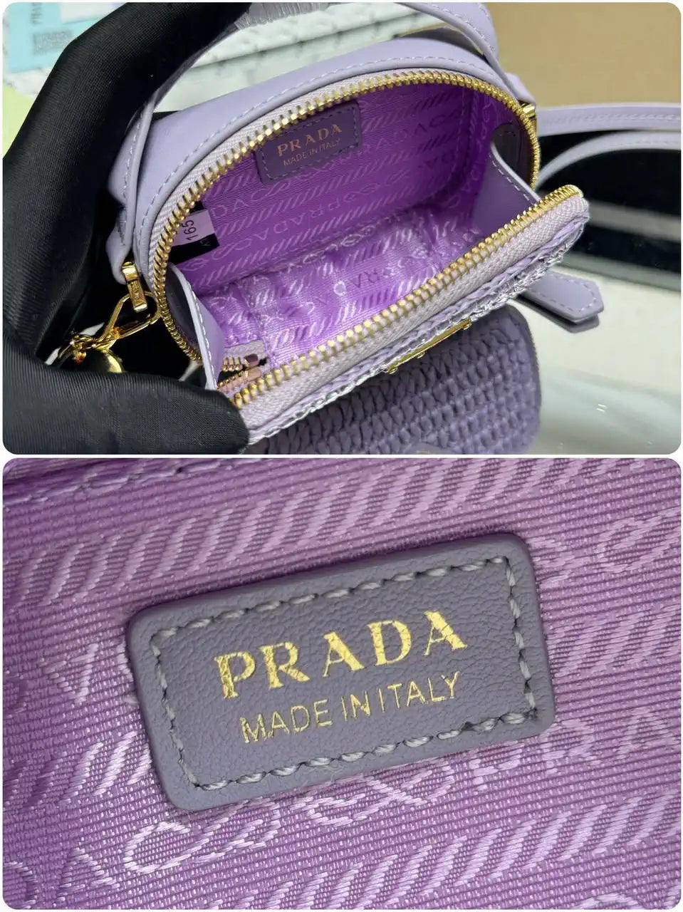 Prada 1NR025 Crochet and leather mini-pouch Purple