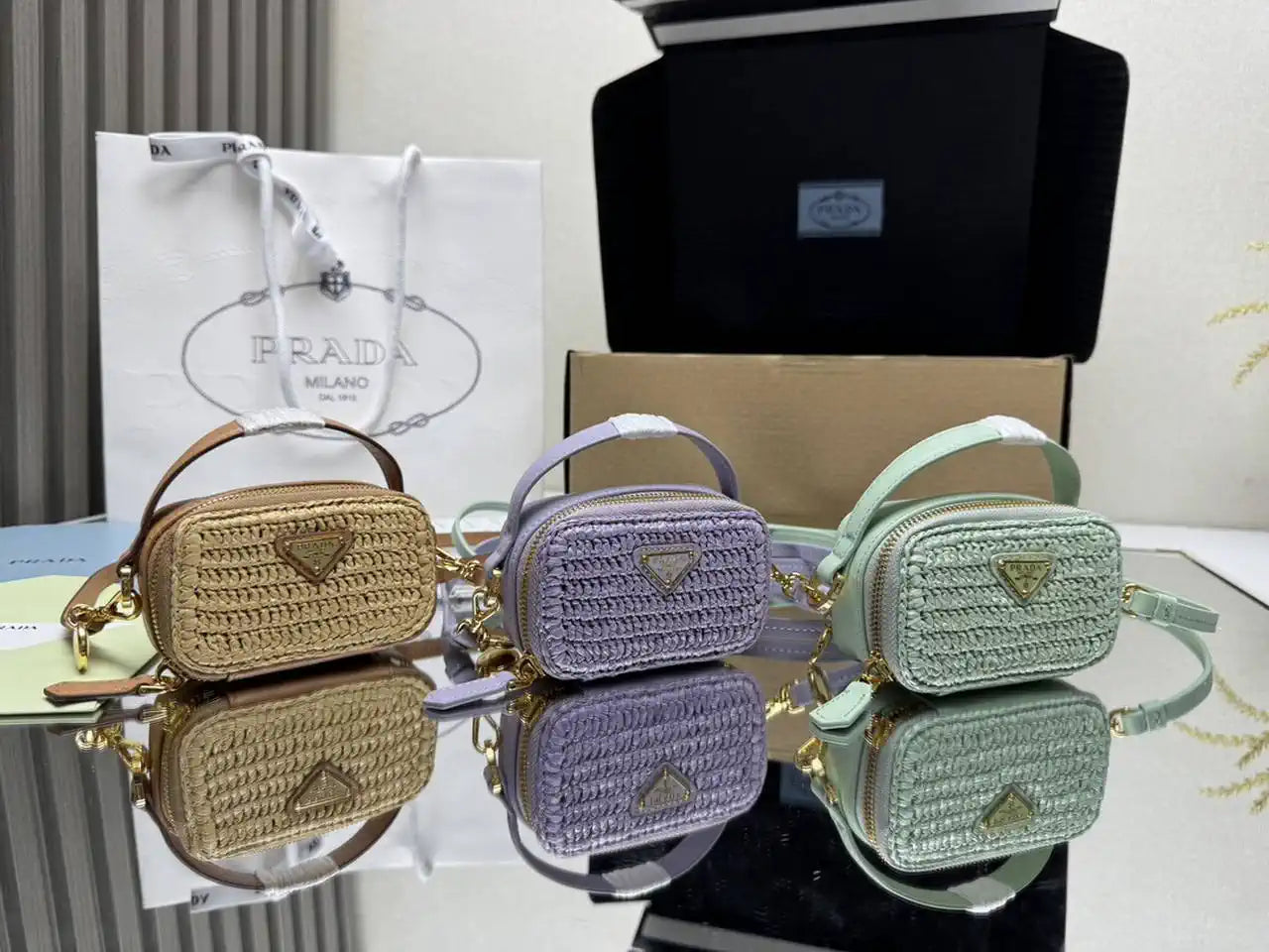 Prada 1NR025 Crochet and leather mini-pouch Purple