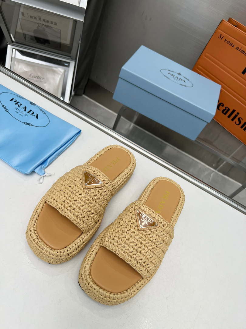 Prada 1XZ761 Crochet Flatform slides in Raffia - Apricot / 34 - View 5