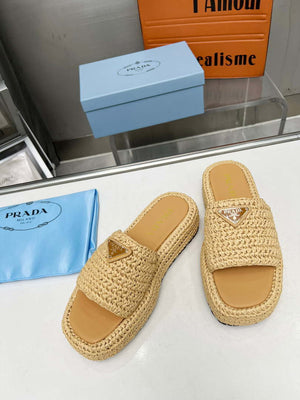 Prada 1XZ761 Crochet Flatform slides in Raffia - Apricot / 34 - View 6