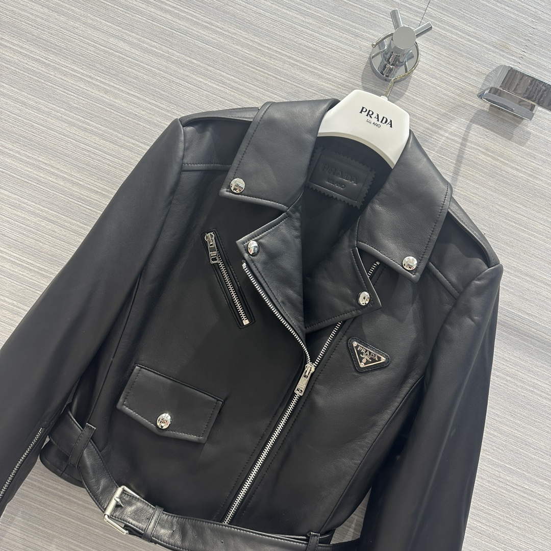 Prada 58967A Women's Fashion Clothing Nappa Leather Biker Jacket P99461