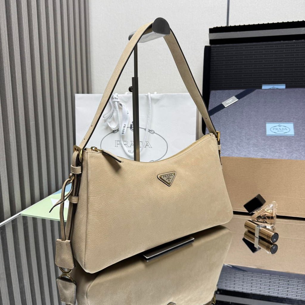 Prada Aimée large nubuck leather shoulder bag 1BC231 Apricot