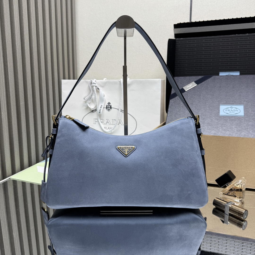 Prada Aimée large nubuck leather shoulder bag 1BC231 Blue