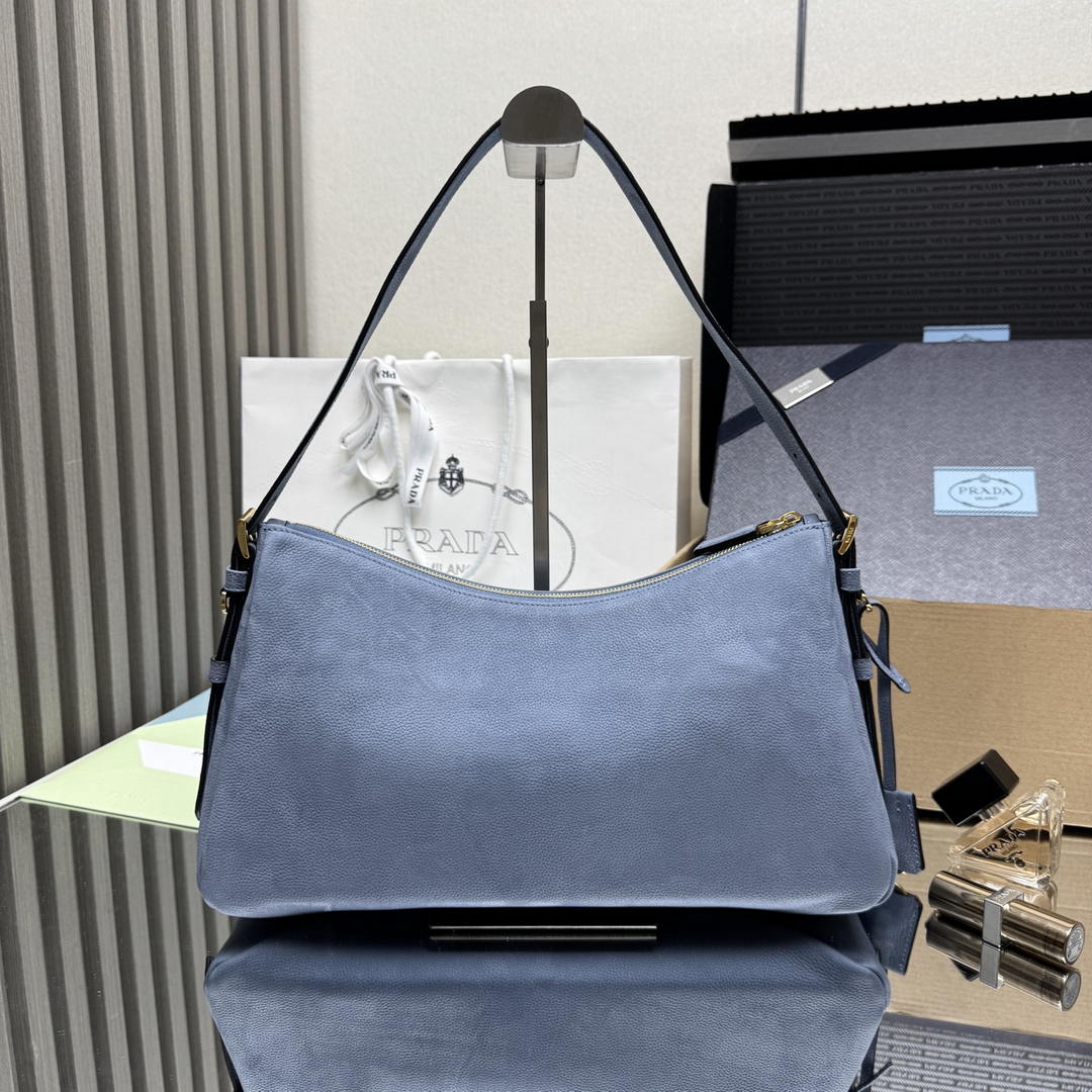 Prada Aimée large nubuck leather shoulder bag 1BC231 Blue