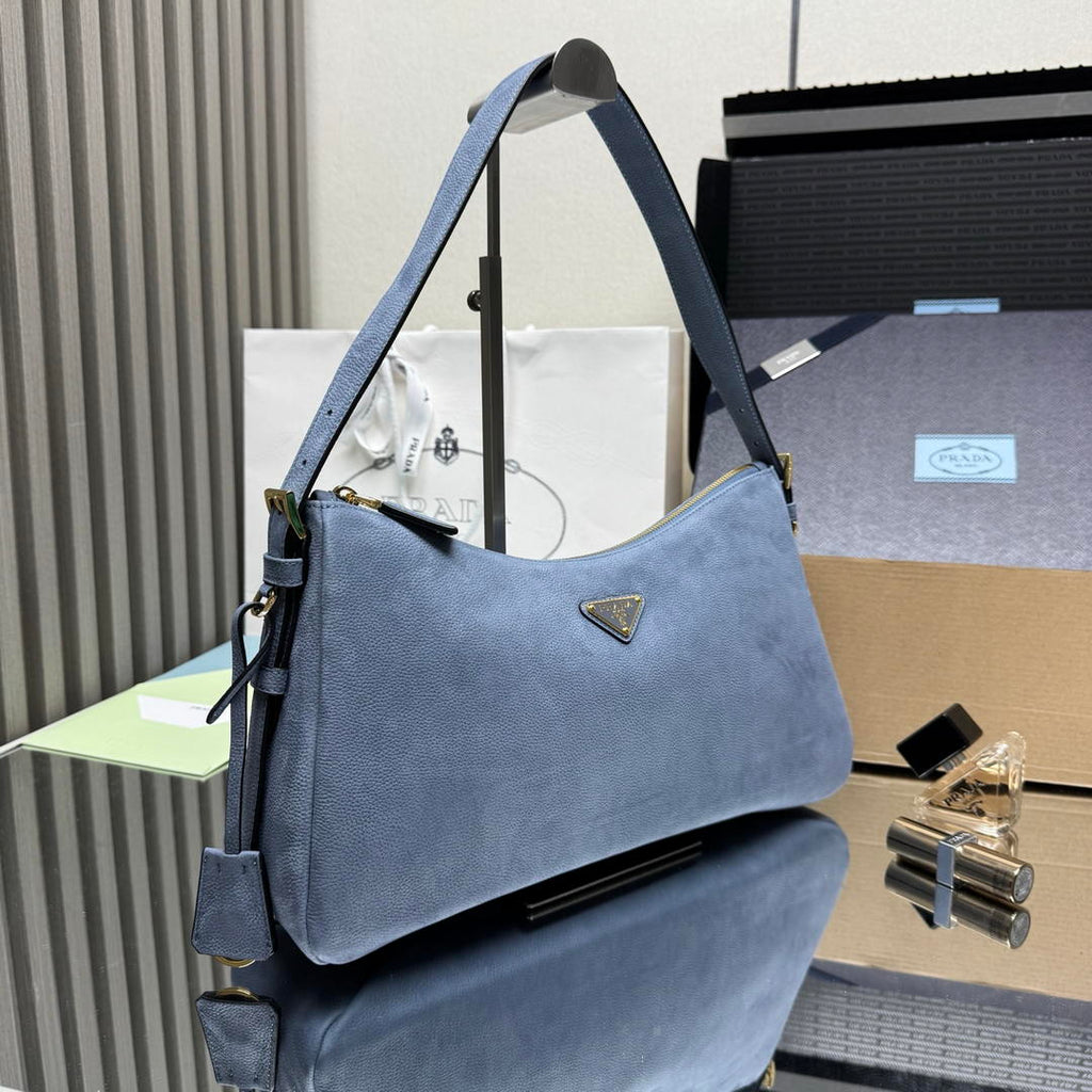 Prada Aimée large nubuck leather shoulder bag 1BC231 Blue