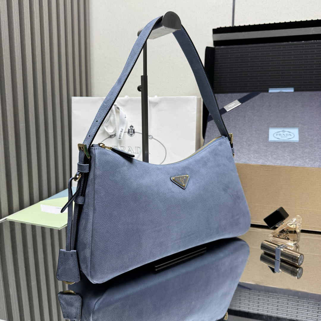 Prada Aimée large nubuck leather shoulder bag 1BC231 Blue