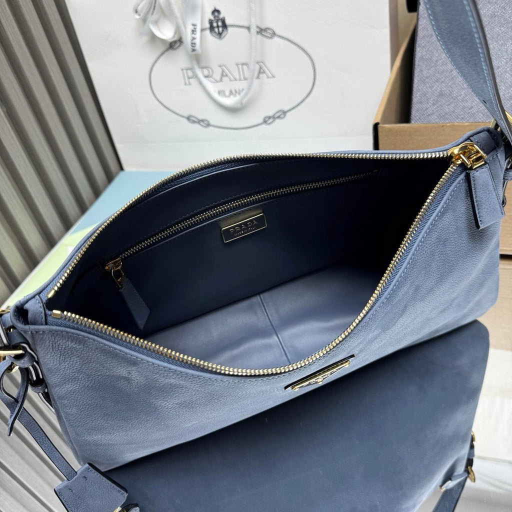 Prada Aimée large nubuck leather shoulder bag 1BC231 Blue