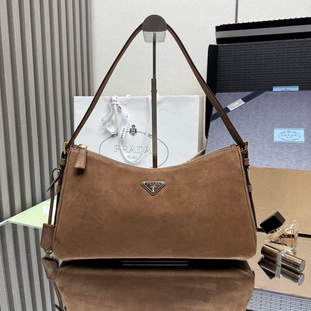 Prada Aimée large nubuck leather shoulder bag 1BC231 Brown