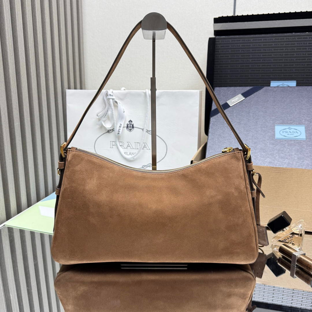 Prada Aimée large nubuck leather shoulder bag 1BC231 Brown