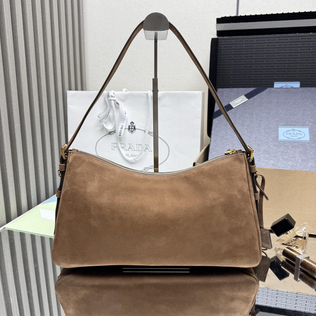 Prada Aimée large nubuck leather shoulder bag 1BC231 Brown