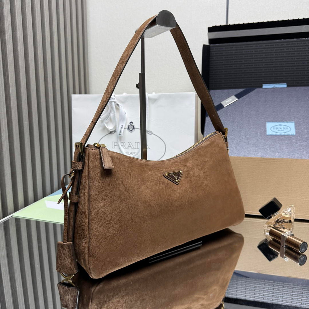 Prada Aimée large nubuck leather shoulder bag 1BC231 Brown