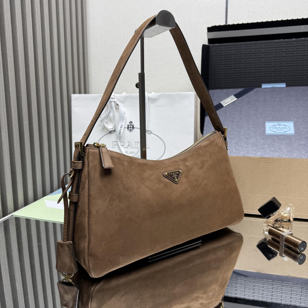 Prada Aimée large nubuck leather shoulder bag 1BC231 Brown