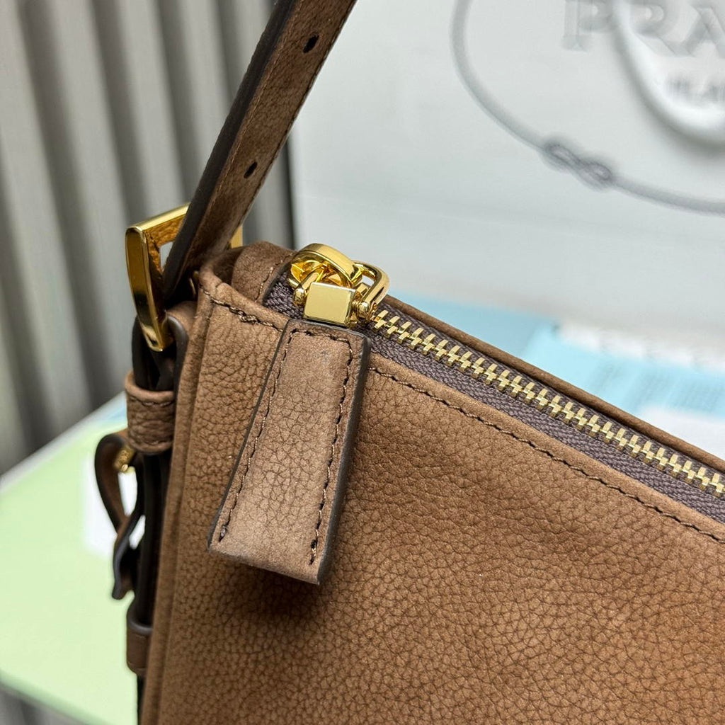 Prada Aimée large nubuck leather shoulder bag 1BC231 Brown