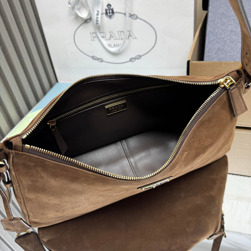 Prada Aimée large nubuck leather shoulder bag 1BC231 Brown