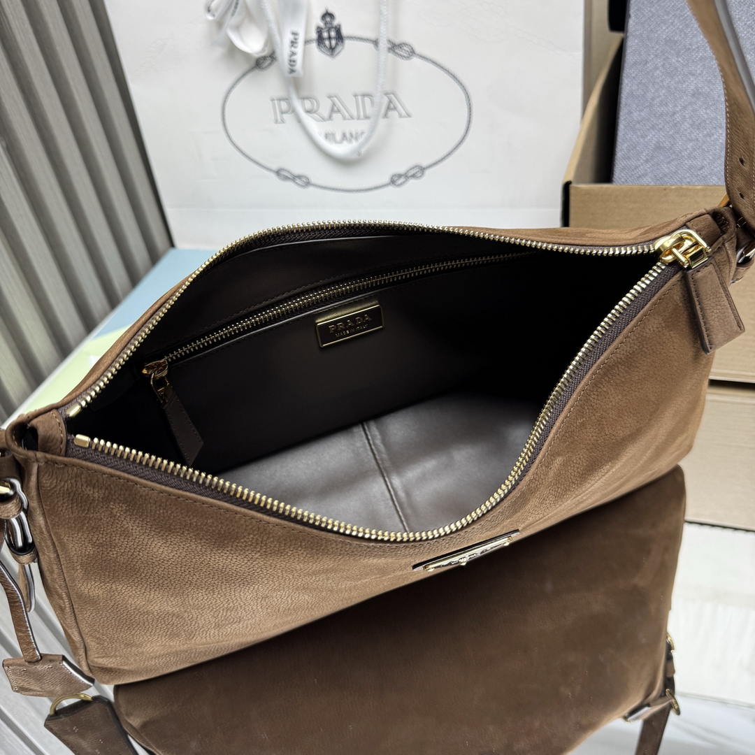 Prada Aimée large nubuck leather shoulder bag 1BC231 Brown