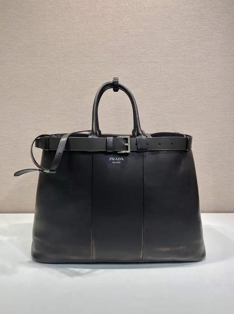 Prada Buckle leather bag with belt 2VG126 Dark Brown Distressed leather