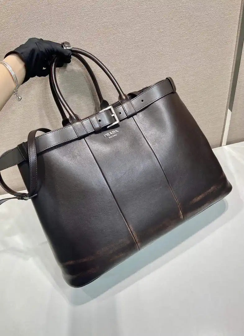 Prada Buckle leather bag with belt 2VG126 Dark Brown Distressed leather