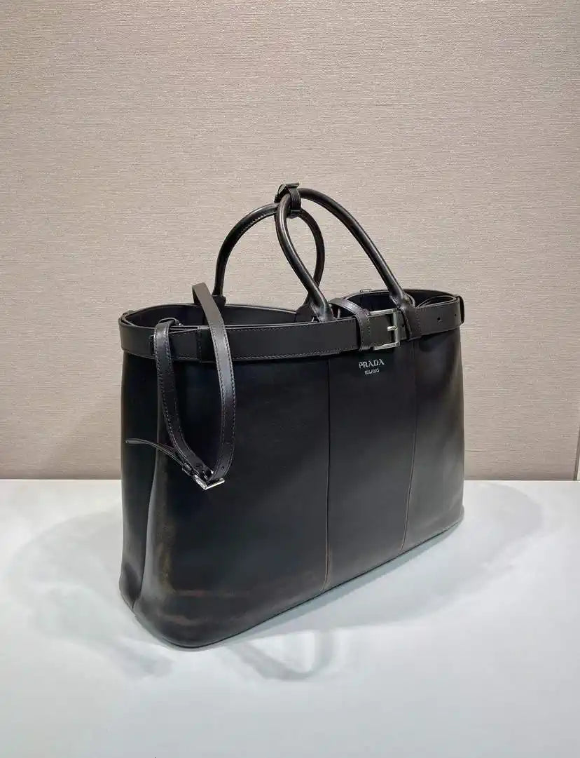 Prada Buckle leather bag with belt 2VG126 Dark Brown Distressed leather