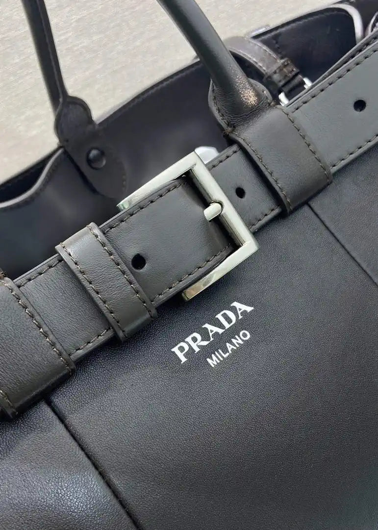 Prada Buckle leather bag with belt 2VG126 Dark Brown Distressed leather