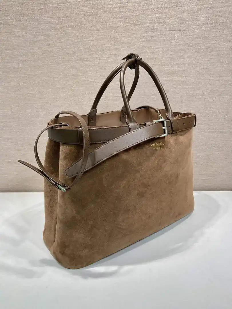 Prada Buckle Suede leather bag with belt 2VG126 Brown