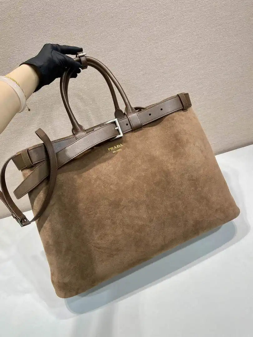 Prada Buckle Suede leather bag with belt 2VG126 Brown