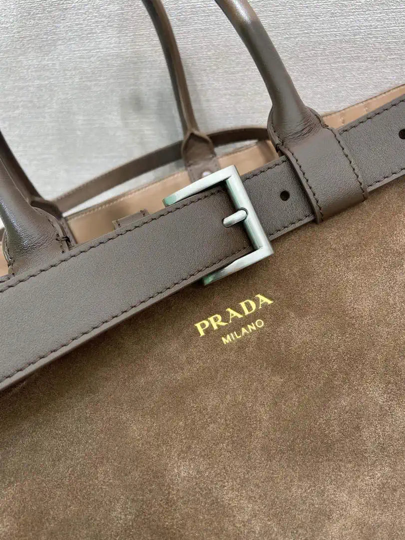 Prada Buckle Suede leather bag with belt 2VG126 Brown