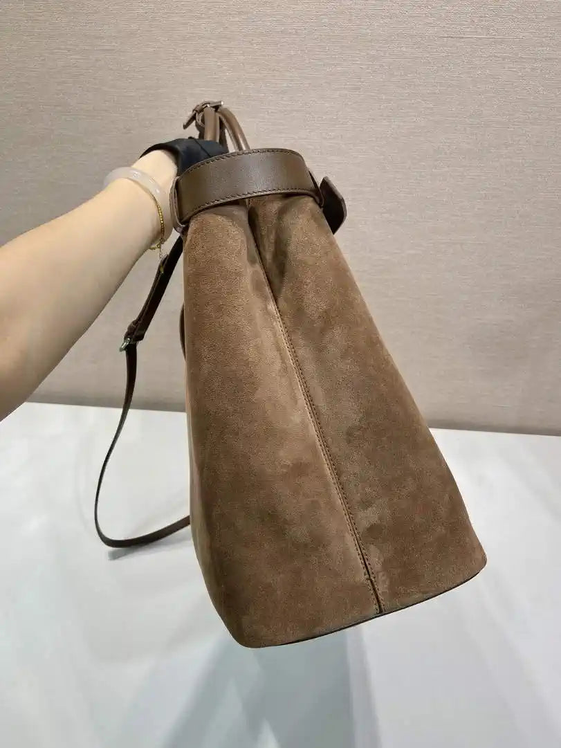 Prada Buckle Suede leather bag with belt 2VG126 Brown