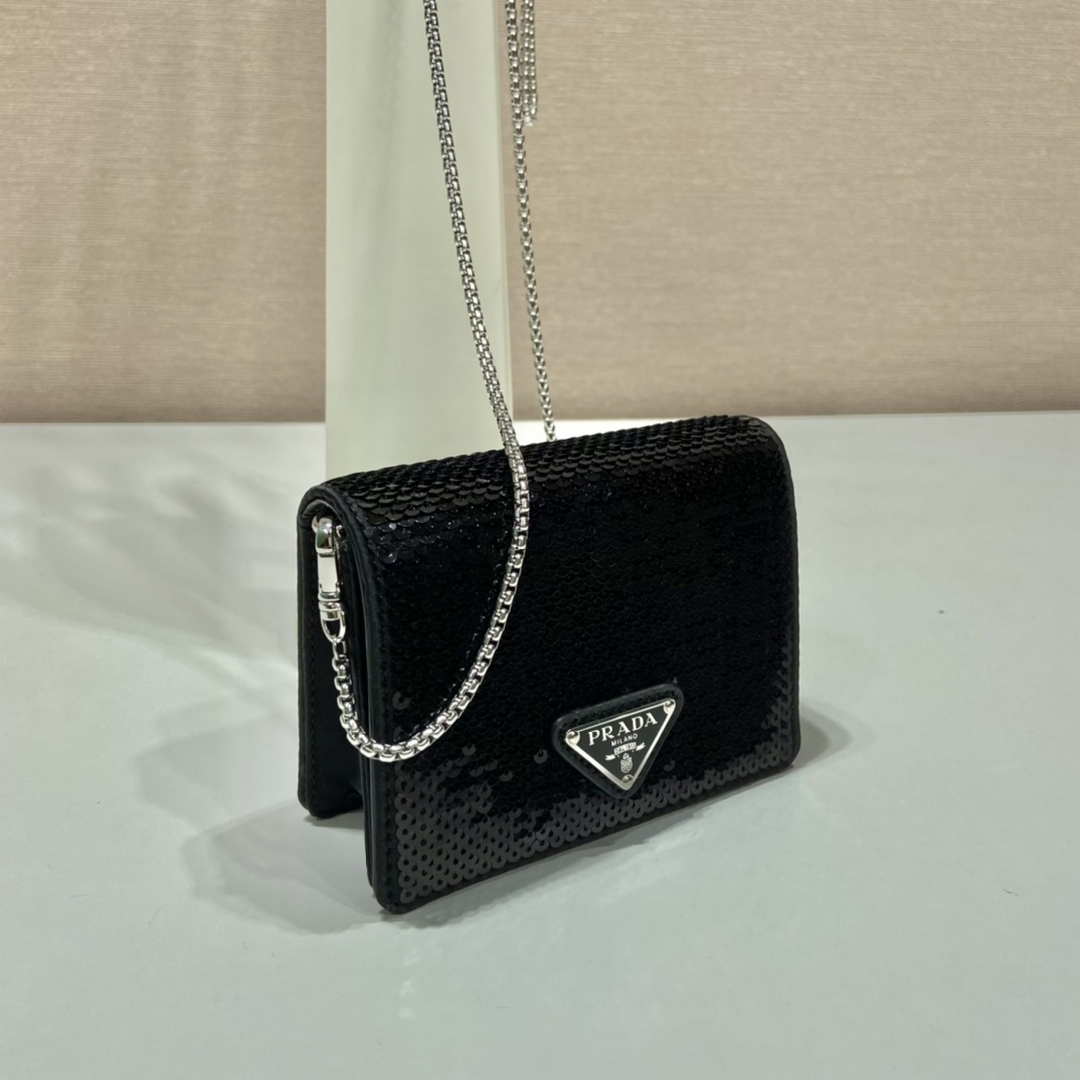 Prada Cardholder with shoulder strap and sequins 1MR024 Black - Default Title - View 2