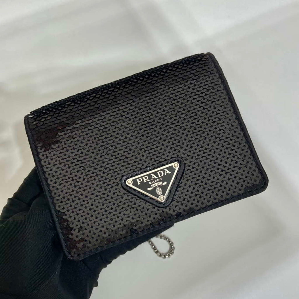 Prada Cardholder with shoulder strap and sequins 1MR024 Black