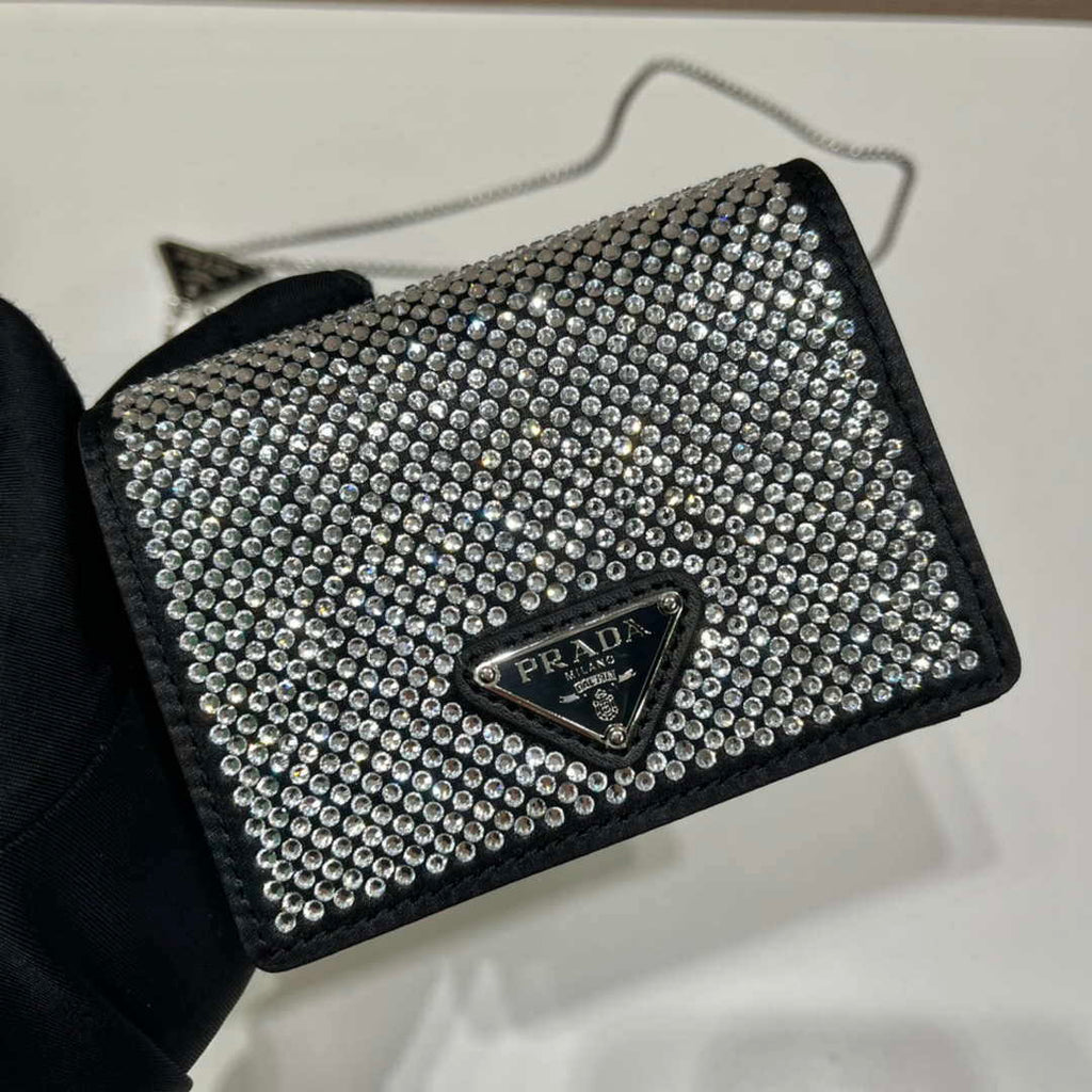 Prada Crystal-studded card holder with shoulder strap 1MR024 Black Crystal