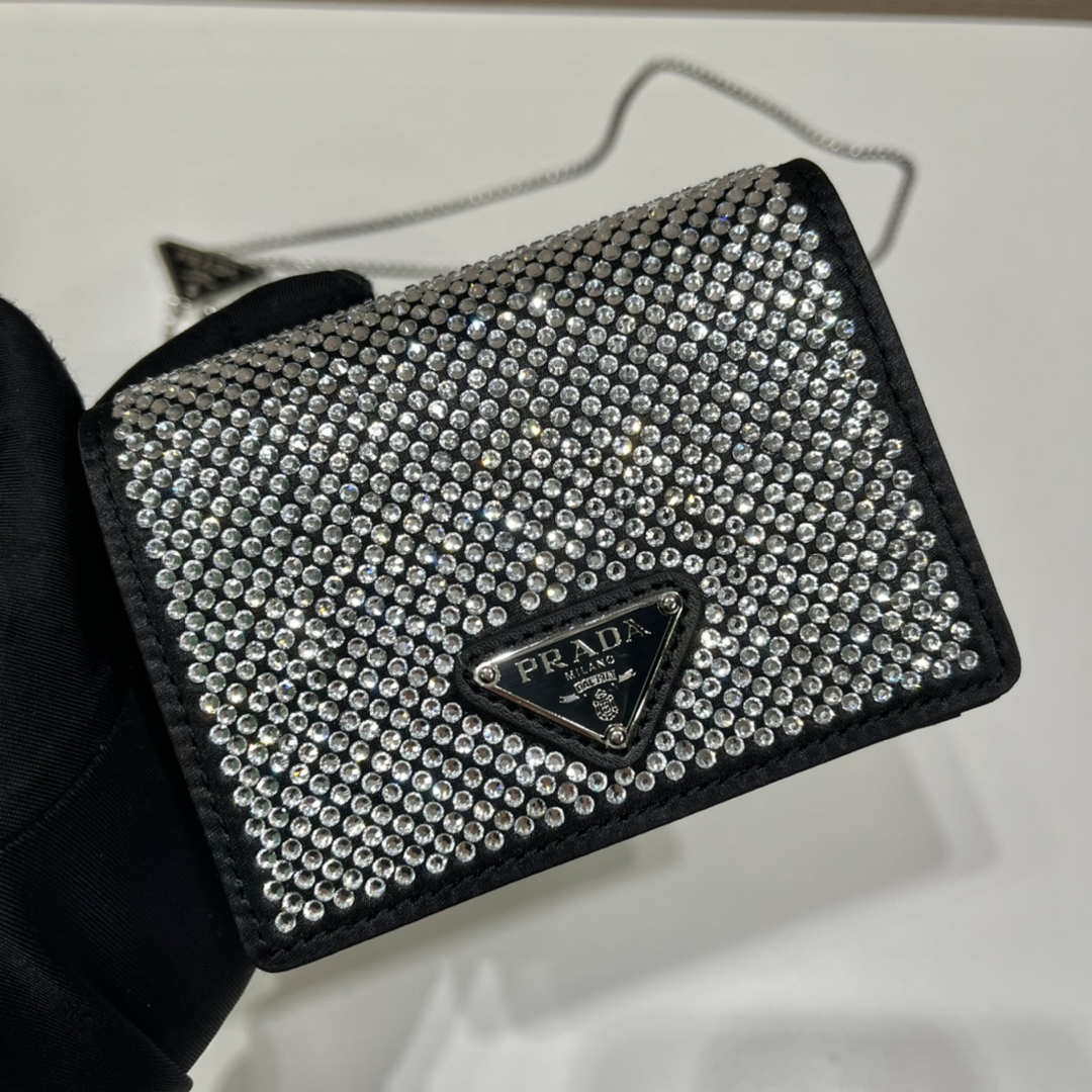Prada Crystal-studded card holder with shoulder strap 1MR024 Black Crystal