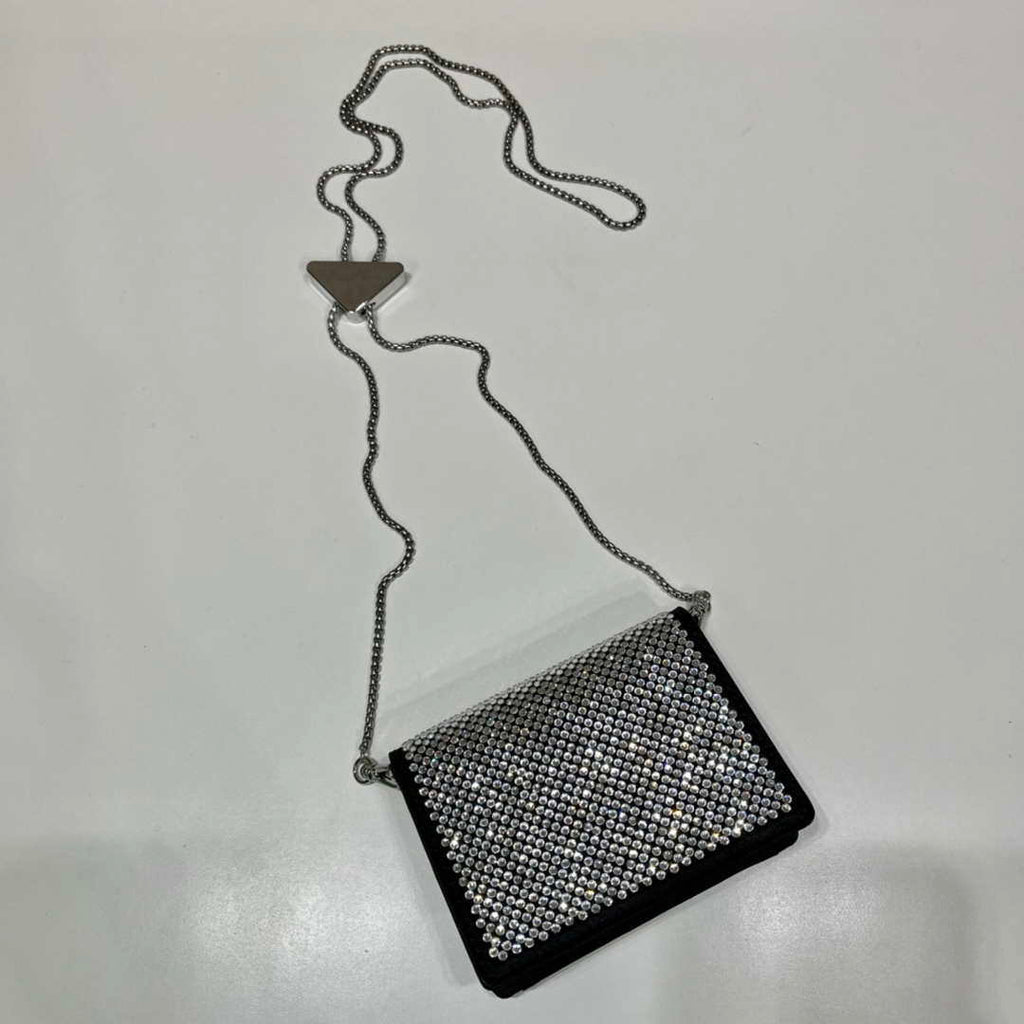 Prada Crystal-studded card holder with shoulder strap 1MR024 Black Crystal
