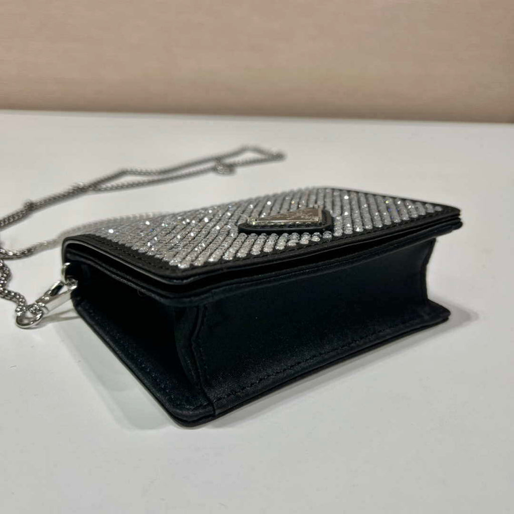 Prada Crystal-studded card holder with shoulder strap 1MR024 Black Crystal