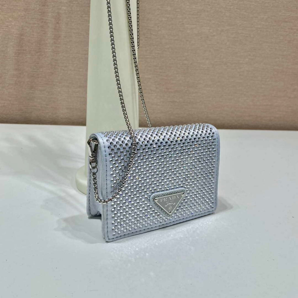 Prada Crystal-studded card holder with shoulder strap 1MR024 White Crystal