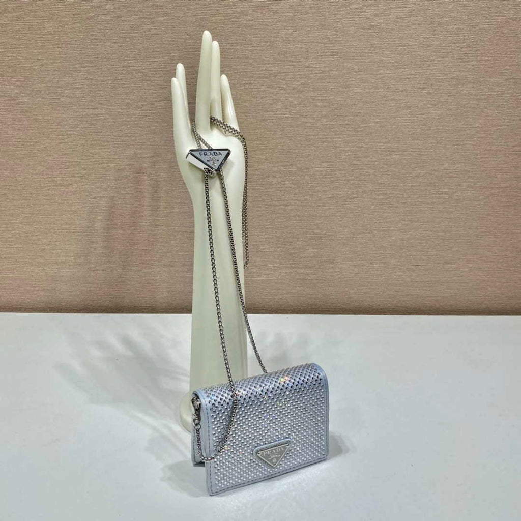 Prada Crystal-studded card holder with shoulder strap 1MR024 White Crystal