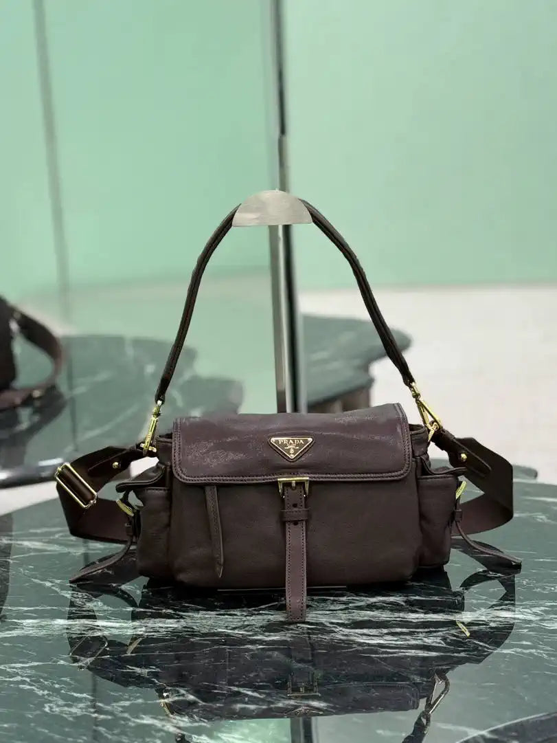 Prada Explore medium Lambskin leather shoulder bag with flap 1BD394 Sienna