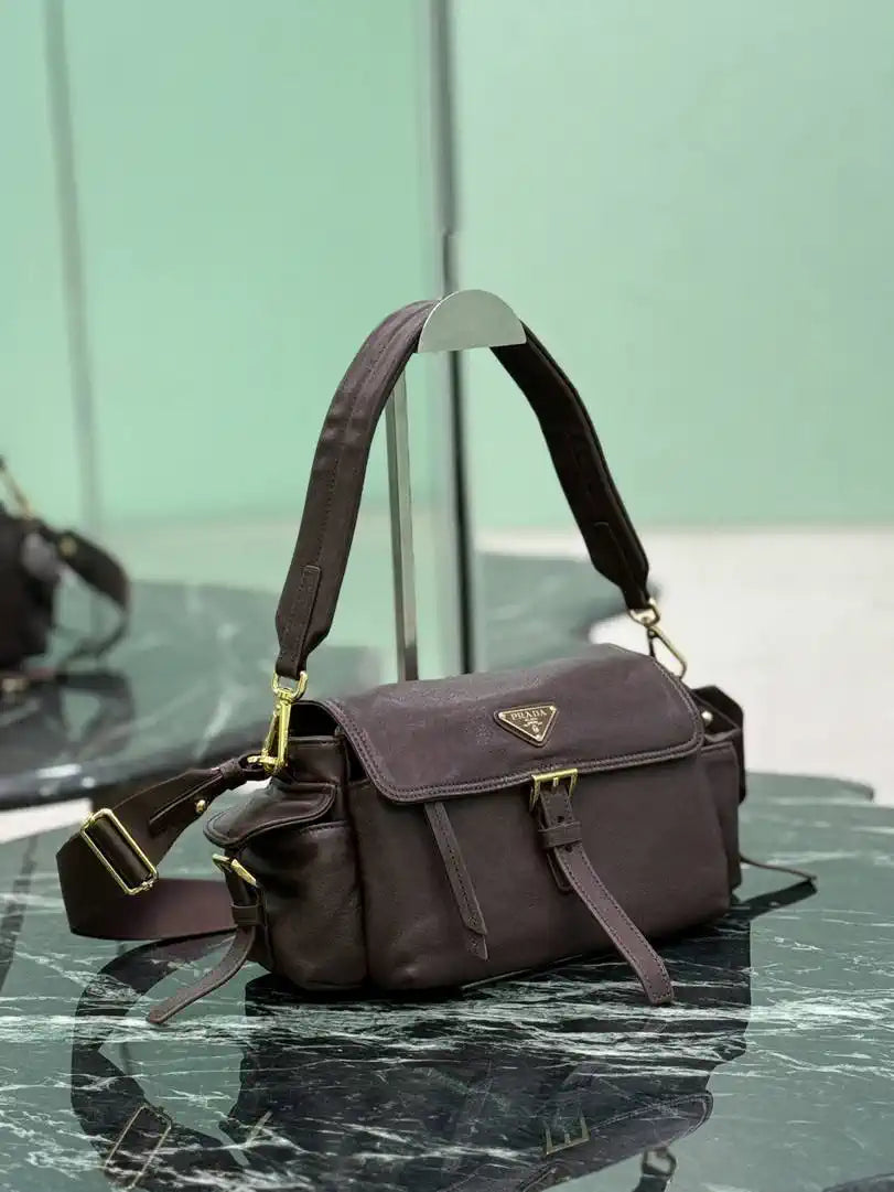 Prada Explore medium Lambskin leather shoulder bag with flap 1BD394 Sienna
