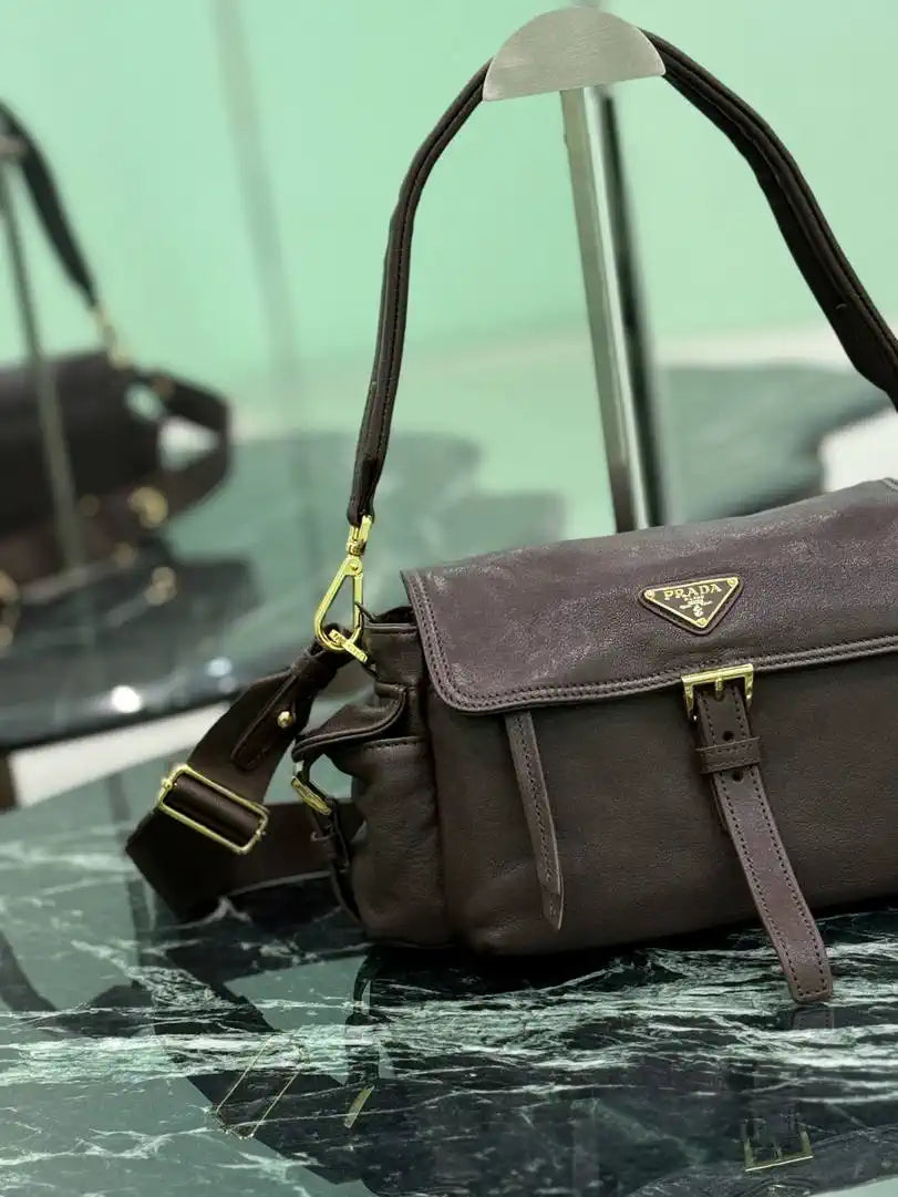 Prada Explore medium Lambskin leather shoulder bag with flap 1BD394 Sienna