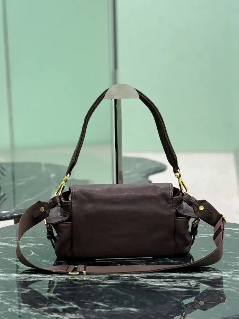 Prada Explore medium Lambskin leather shoulder bag with flap 1BD394 Sienna