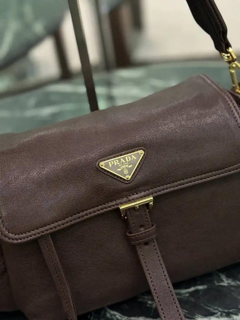 Prada Explore medium Lambskin leather shoulder bag with flap 1BD394 Sienna