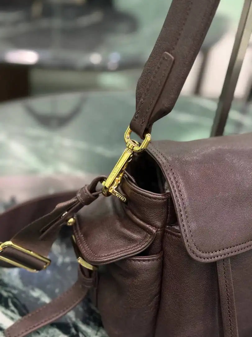 Prada Explore medium Lambskin leather shoulder bag with flap 1BD394 Sienna