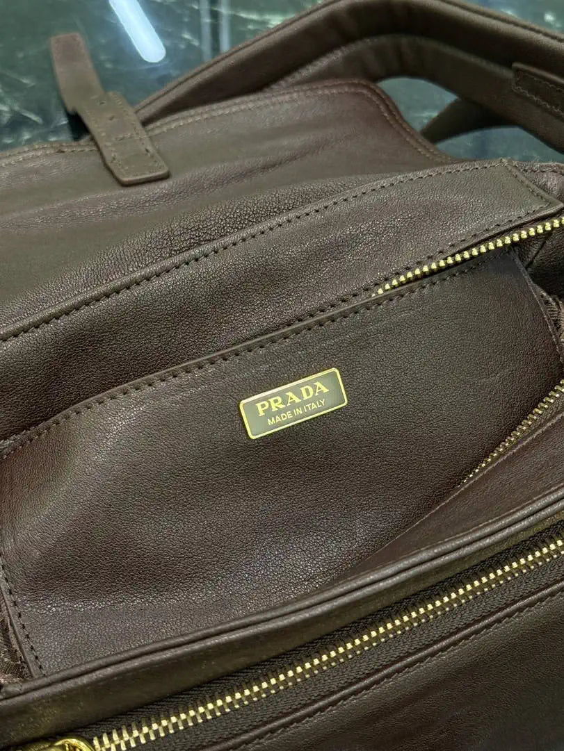 Prada Explore medium Lambskin leather shoulder bag with flap 1BD394 Sienna