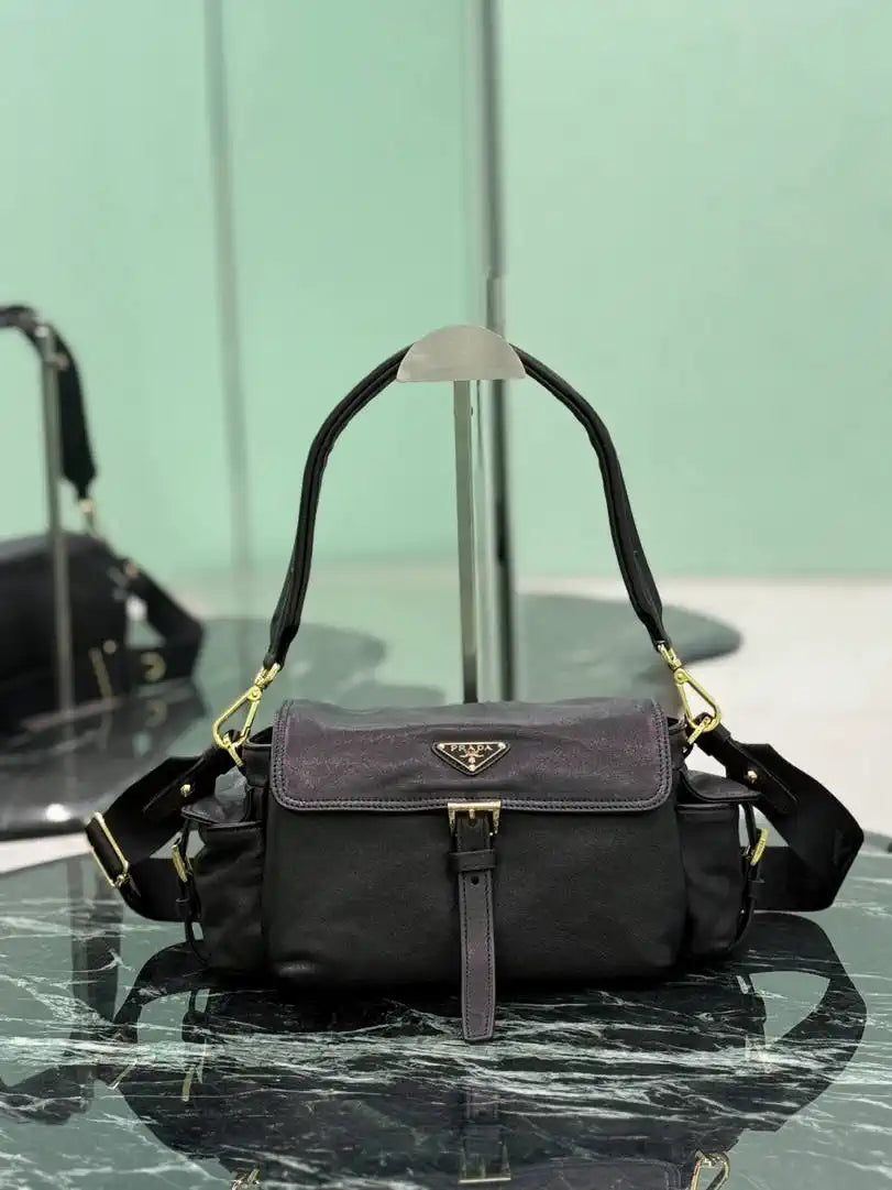 Prada Explore medium Lambskin leather shoulder bag with flap 1BD394 Black