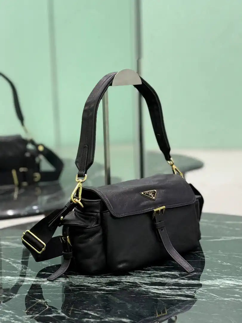 Prada Explore medium Lambskin leather shoulder bag with flap 1BD394 Black