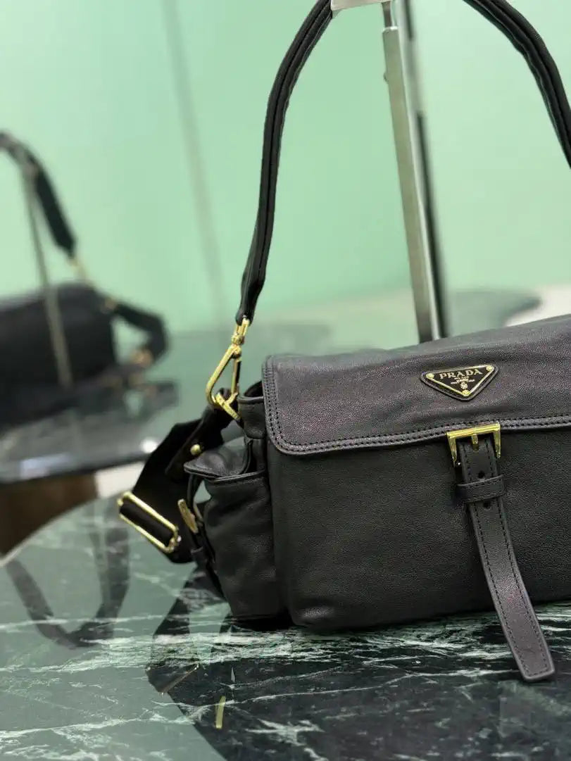 Prada Explore medium Lambskin leather shoulder bag with flap 1BD394 Black